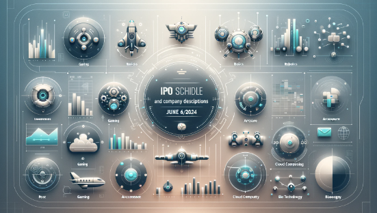 6월 공모주 청약 일정을 주제로 한 블로그 포스트의 썸네일 이미지. 고급스럽고 현대적인 디자인으로, 부드러운 그라데이션 배경에 게임, 로봇공학, 항공우주, 클라우드 컴퓨팅, 바이오테크놀로지 등 다양한 산업을 나타내는 아이콘이 배치되어 있습니다. 아이콘들은 부드럽고 대비되는 색상으로 돋보이며, 전체적으로 시선을 끄는 전문적인 느낌을 줍니다.