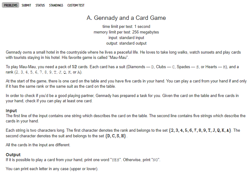  [Codeforces]  1097A: Gennady and a Card Game(brute force)