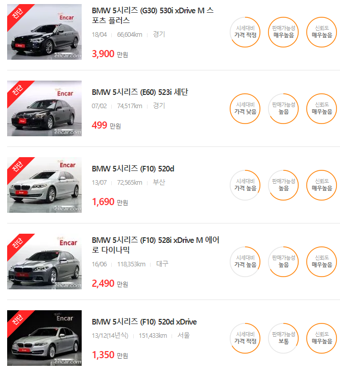BMW 5시리즈 중고차 매물