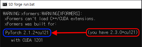 WARNING[XFORMERS]: xFormers can't load C++/CUDA extensions. xFormers was built for:
PyTorch 2.1.2+cu121 with CUDA 1201 (you have 2.3.0+cu121)