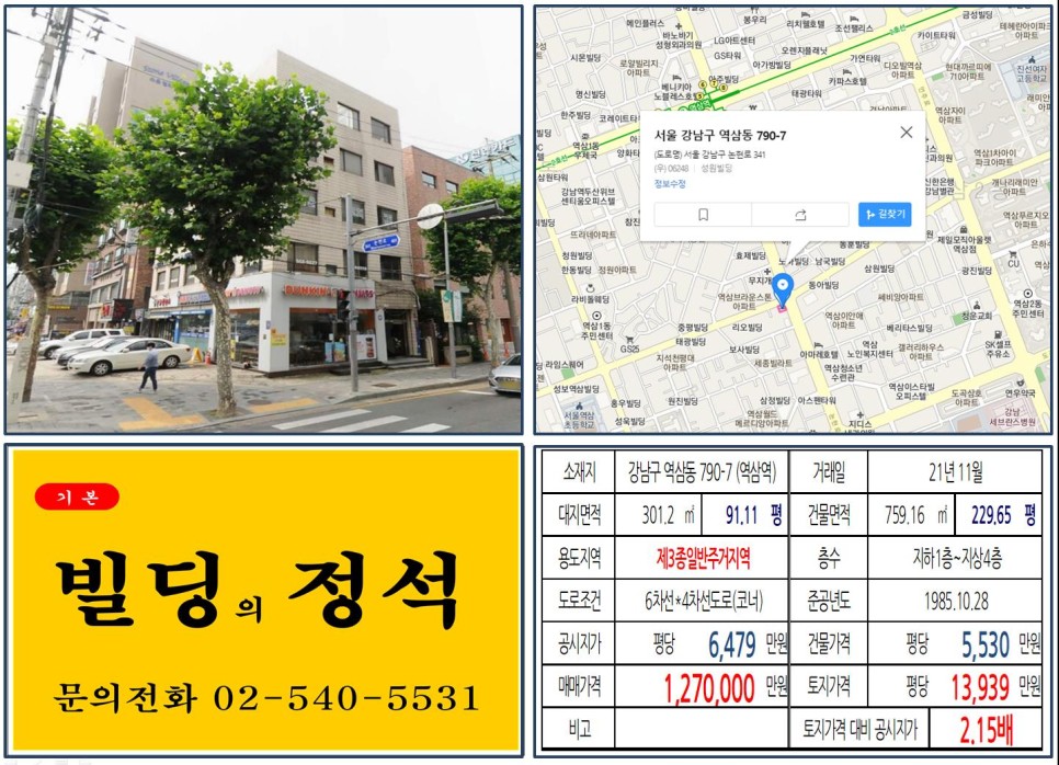  [강남구 대로변 사거리 코너 100억 빌딩 실거래가 조회] 역삼동 790-7 (역삼역) 127억 원, 평당 1억 3,939만 원 매매되었습니다.