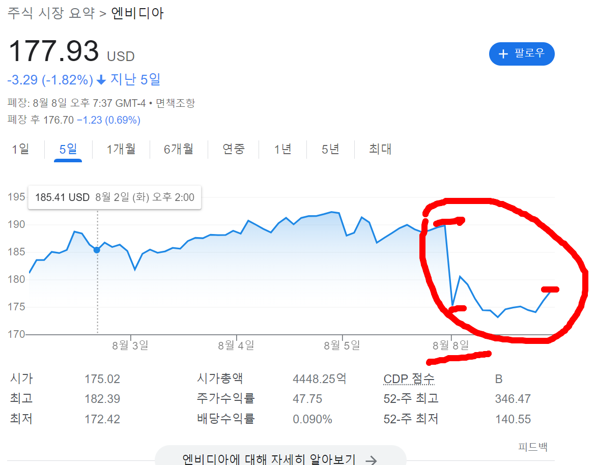 엔비디아 22년 8월 8일 주가 하락