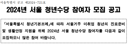 2024년 서울 청년수당 참여자 모집 공고_출처: 서울시 보도자료