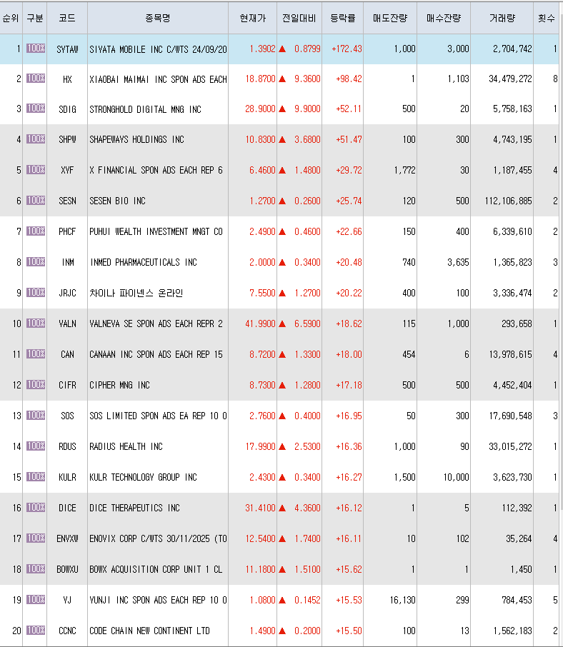  10월20일 미국주식 상승률 상위 종목 TOP 300