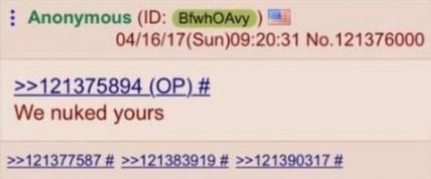 Anonymous (ID: BfwhOAvy)
04/16/17(Sun)09:20:31 No.121376000
&gt;&gt;121375894 (OP) # We nuked yours
&gt;&gt;121377587 # &gt;&gt;121383919 # &gt;&gt;121390317 #