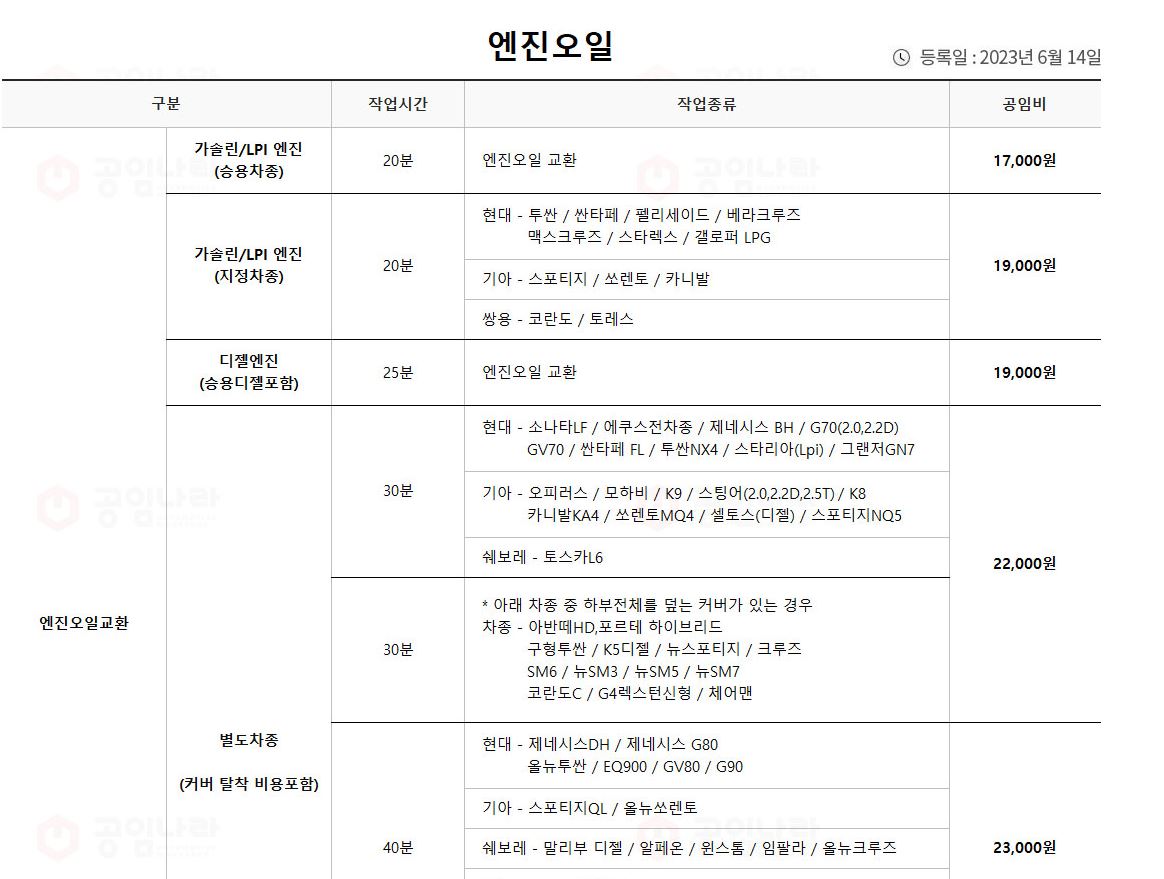 공임나라 엔진오일 공임비