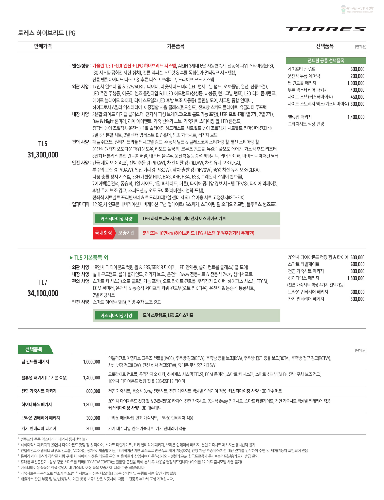 2023 쌍용 토레스 바이퓨얼 LPG 카탈로그와 가격표