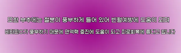  또한 부추에는 철분이 풍부하게 들어 있어 빈혈예방에 도움이 되며 비타민C가 풍부하기 때문에 면역력 증진에 도움이 되고 피로회복에 좋다고 합니다