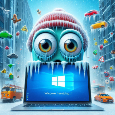 눈사람 눈알 같은 캐릭터가 윈도우 멈춤 화면을 응시하는 장면