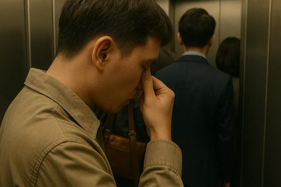 A cropped view inside a crowded elevator showing only the lower bodies of passengers; one hand in the foreground discreetly pinches the nose, implying discomfort from an unpleasant smell.