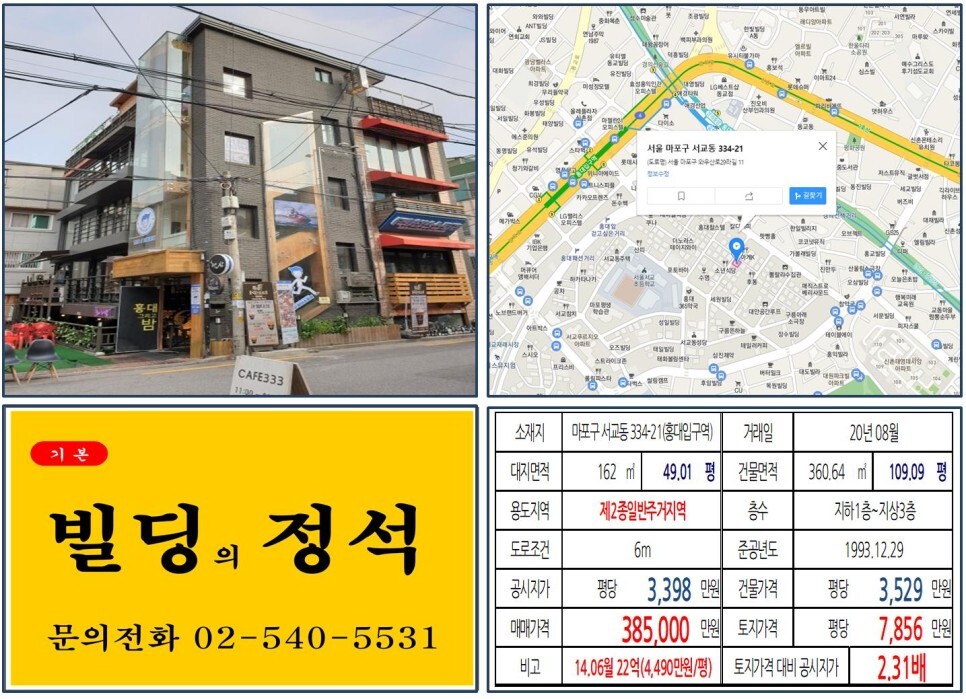  [마포구 홍대입구 먹자상권 40억 꼬마빌딩 실거래가 조회] 서교동 334-21 (홍대입구역) 38.5억 원, 평당 7,856만 원 매매되었습니다