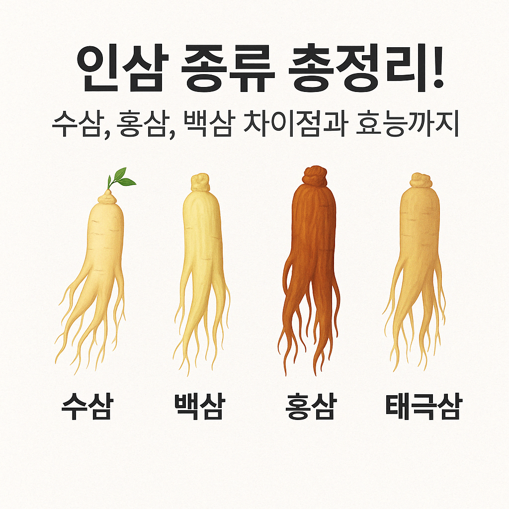 수삼, 백삼, 홍삼, 태극삼을 한눈에 비교한 인삼 종류 안내 이미지