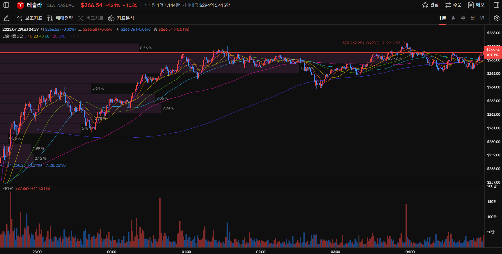 테슬라 주가 1분봉