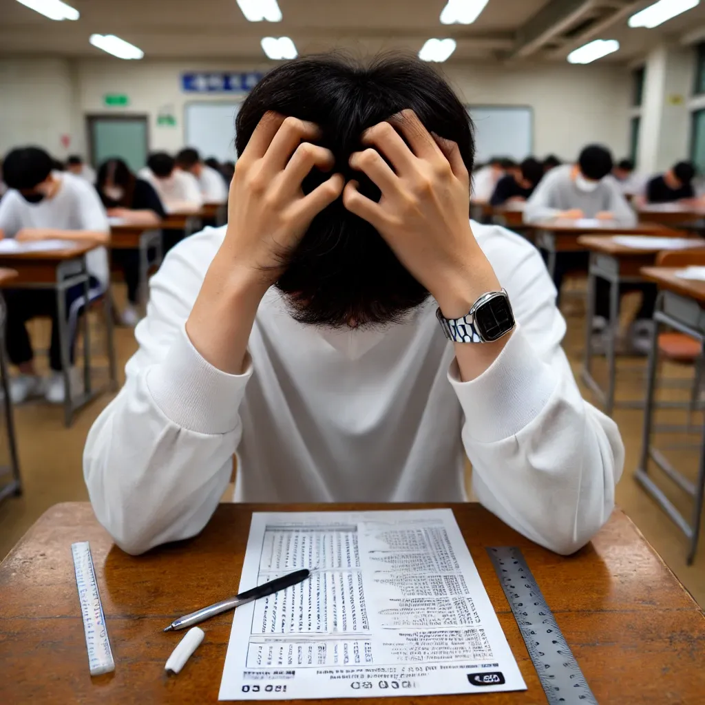 수능 시험 중 어려운 문제를 만나 좌절하는 한국 학생&amp;#44; 머리를 잡고 시험지를 쳐다보는 모습