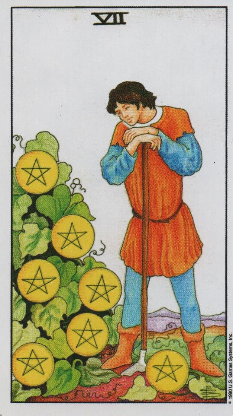  [타로 마이너카드] Seven of Pentacles 펜타클 7 카드 정방향/ 역방향 뜻, 의미, 상징