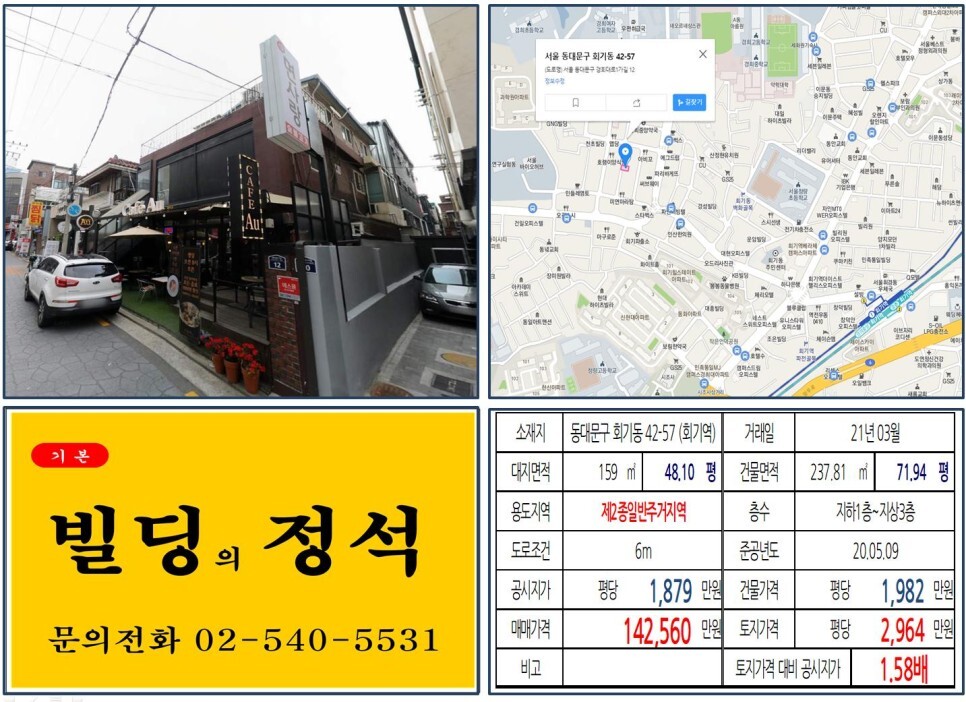  [동대문구 경희대 먹자상권 10억 근생 꼬마빌딩 실거래가 조회] 회기동 42-57 (회기역) 14억 2,560만 원, 평당 2,964만 원 매매되었습니다.