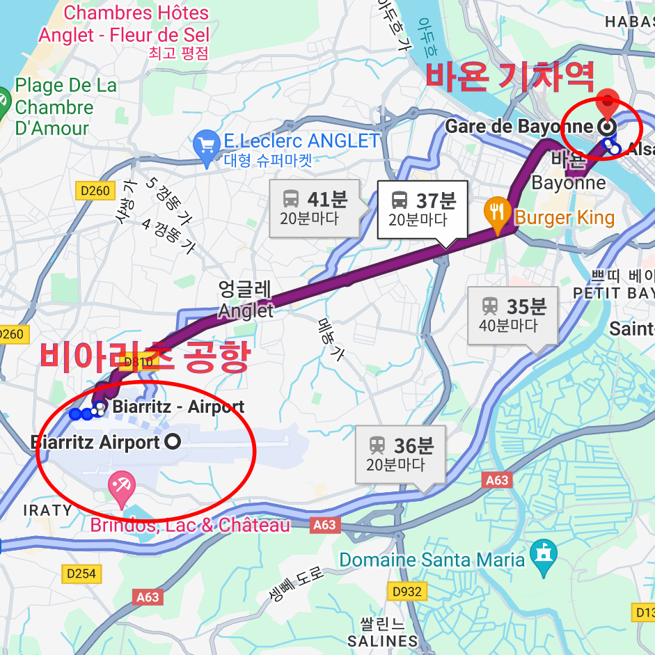 바욘 비아리츠 공항에서 바욘 기차역가는 길 지도