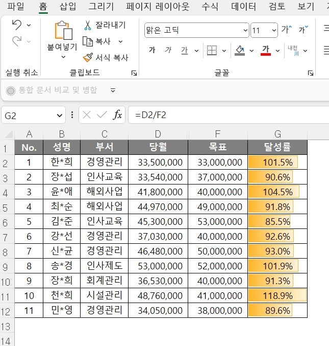 엑셀 조건부서식 데이터막대