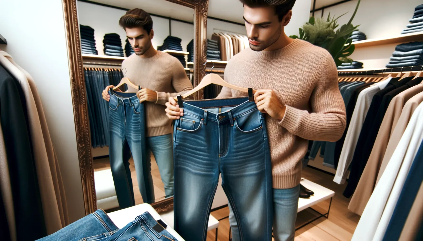 Photo of a shopper holding a pair of jeans against themselves&#44; gauging the fit and style in front of a mirror.