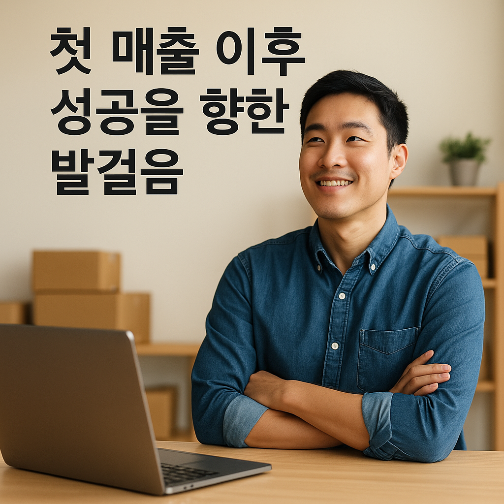 청색 데님 셔츠를 입은 젊은 동아시아계 남성이 노트북 앞에서 팔짱을 낀 채 자신감 있게 미소 짓고 있는 모습. 배경에는 정돈된 택배 상자와 책장이 보이고, 왼쪽 상단에는 &quot;첫 매출 이후 성공을 향한 발걸음&quot;이라는 굵은 한국어 텍스트가 적혀 있음. 초보 셀러의 긍정적이고 도전적인 마인드셋을 상징하는 이미지.