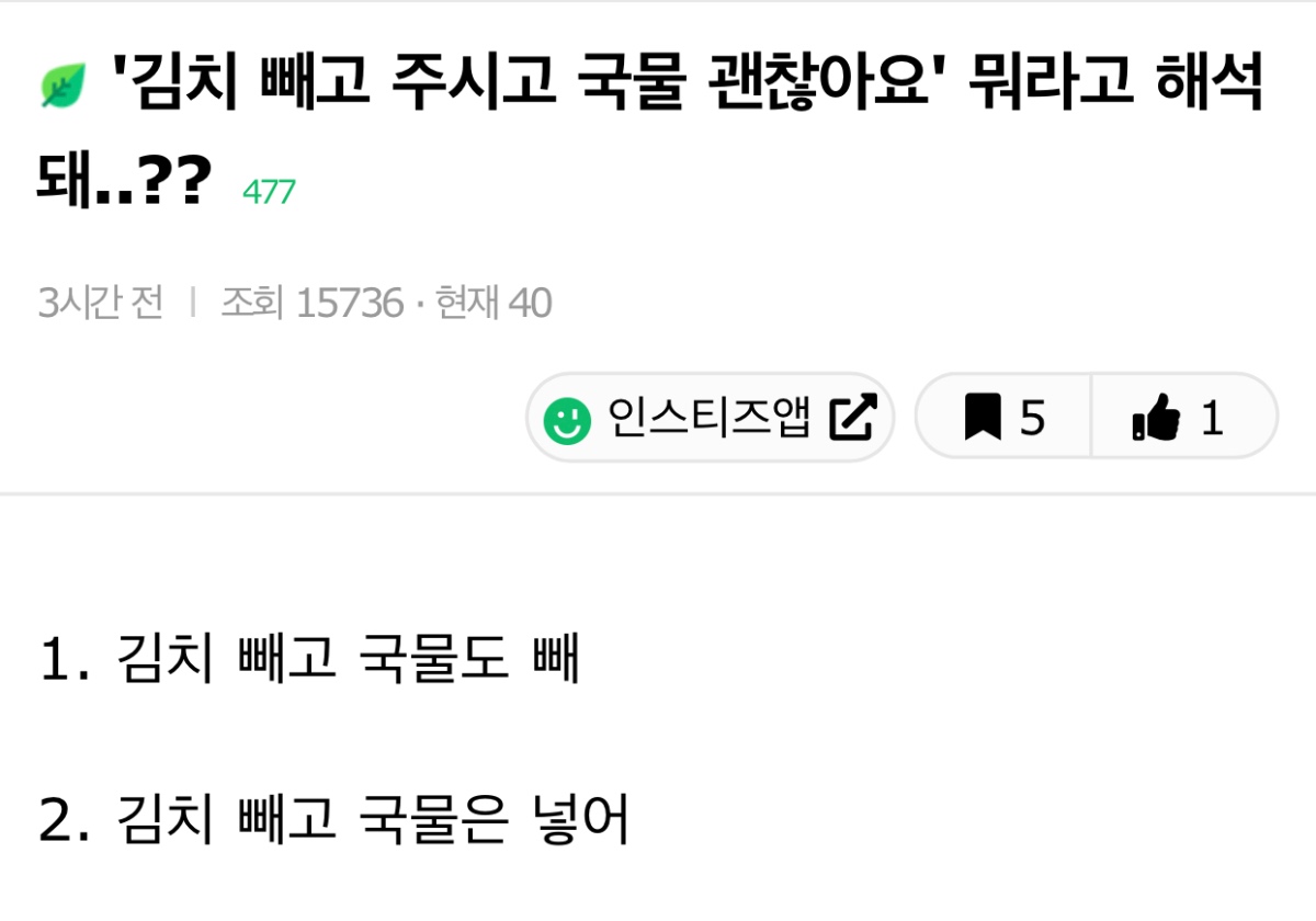 ‘김치 빼고 주시고 국물 괜찮아요’ 뭐라고 해석돼..??