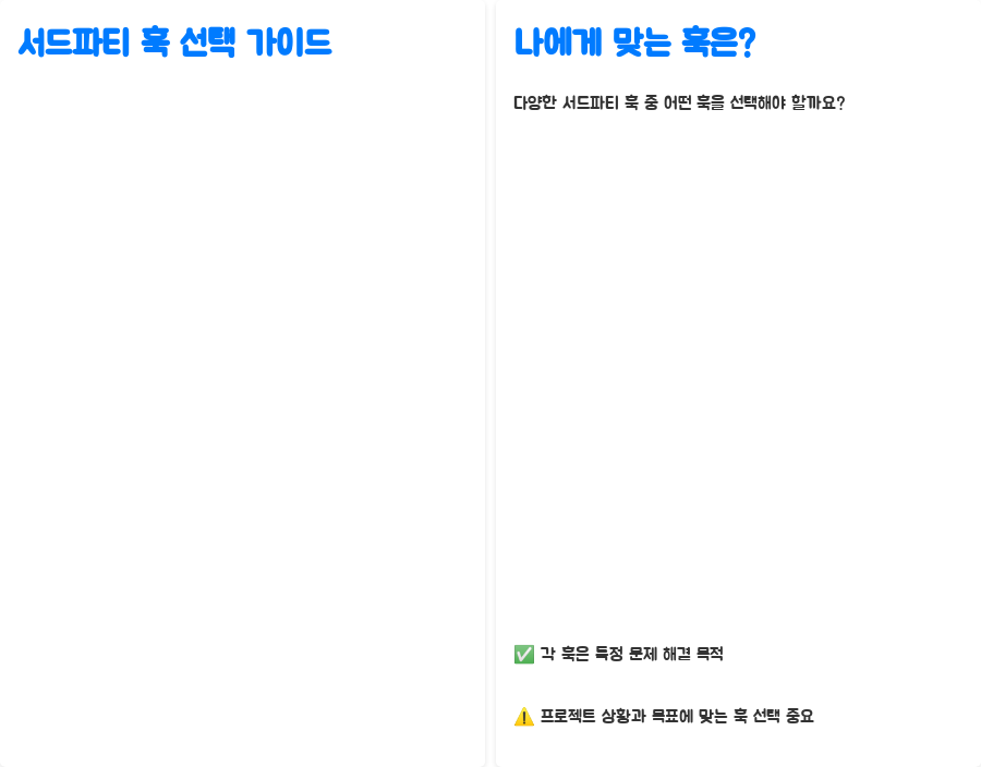 리액트 개발 핵심 전략: 인기 서드파티 훅 마스터하기 - 서드파티 훅 선택 가이드: 나에게 맞는 훅은? 리액트 개발 핵심 전략: 인기 서드파티 훅 마스터하기 - 서드파티 훅 선택 가이드: 나에게 맞는 훅은?
