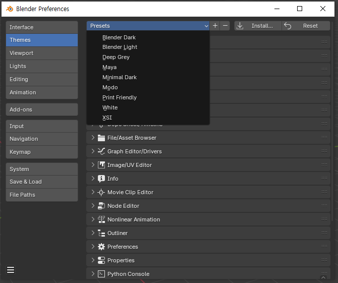 Preferences - Themes -상단 Presets