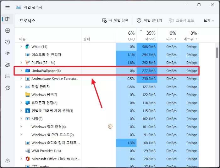 움바 프로그램 메모리 사용량