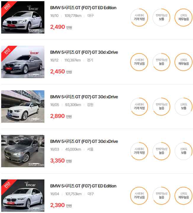 5시리즈 GT 2016년식 중고차 가격