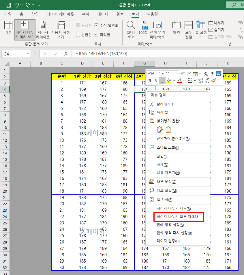 페이지 나누기 모두 원래대로 변경하는 기능