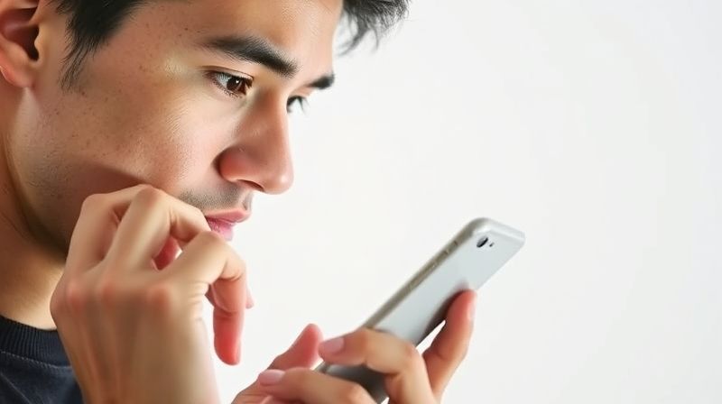 흰색 단색 배경에서 스마트폰 화면의 번인 여부를 확인하는 사람