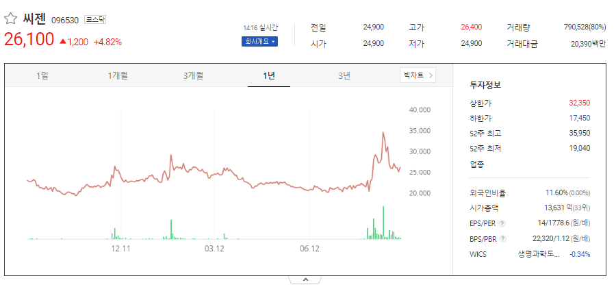 씨젠 주가 현황