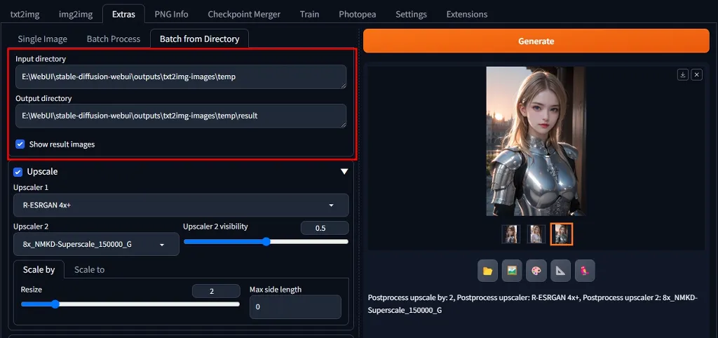 Batch from directory 기능을 사용하여 여러 장의 이미지를 업스케일링 가능