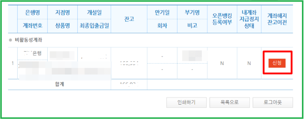 휴면계좌 예금 신청