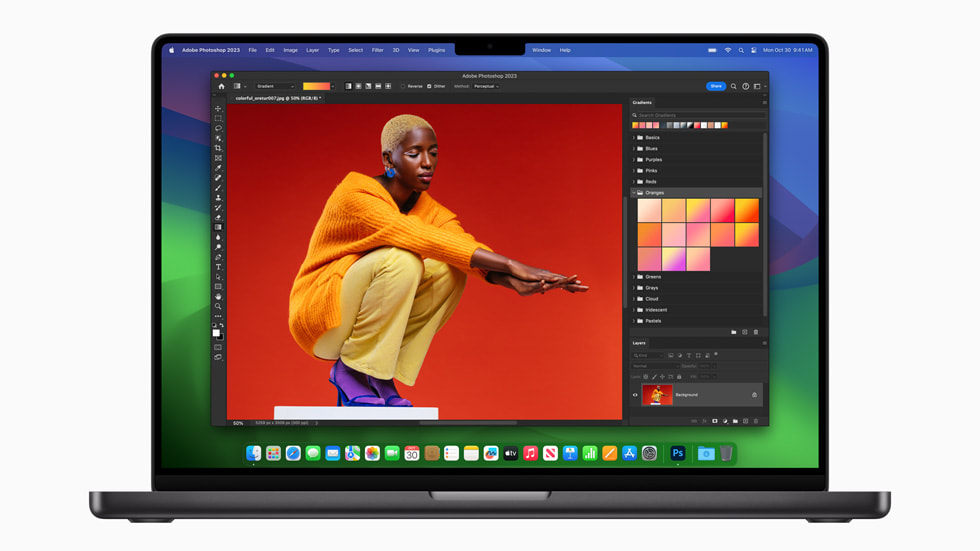 M3 Pro를 탑재한 MacBook Pro는 Adobe Photoshop에서 보다 빠른 필터 및 기능 성능을 제공한다.