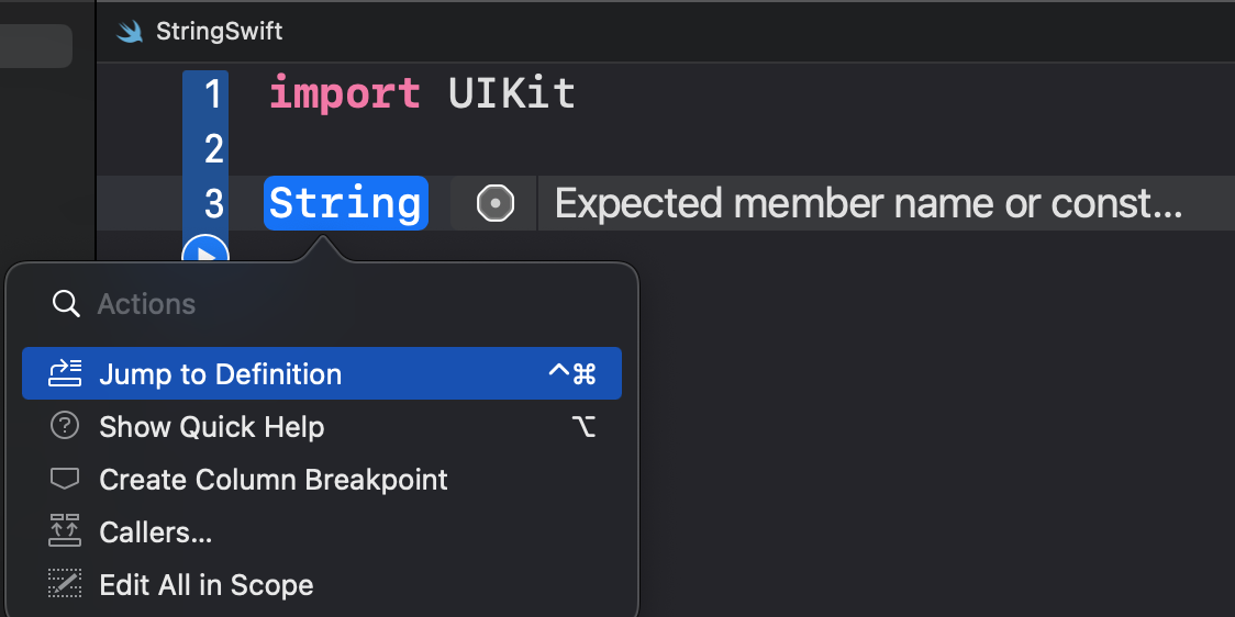 Xcode Playground에서 String의 Definition의 검색 이미지