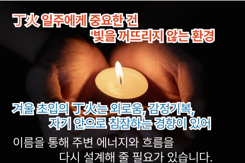 丁火 일주의 외로움, 감정 기복, 자기 내부로 침잠하는 경향을 나타내며 작명의 중요성을 강조한 이미지