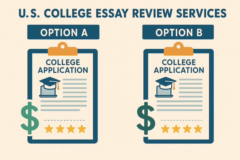 Two comparison boards labeled Option A and Option B, showing different ratings and prices for college essay reviews