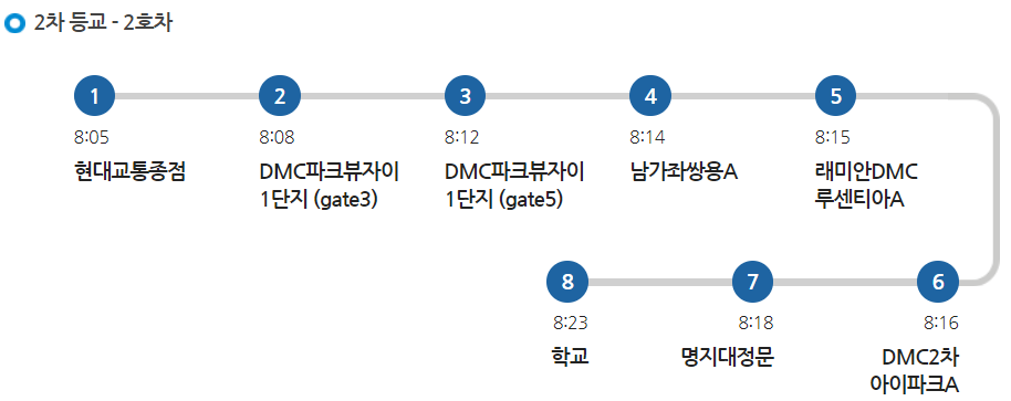 명지초 2호차 셔틀 2차 등교 노선 시간표