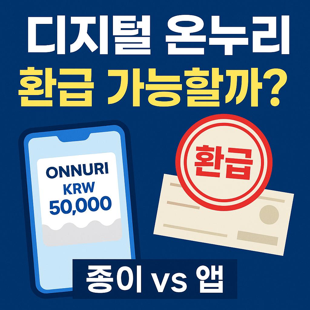 디지털 온누리상품권 환급 가능 여부를 묻는 2025년 인포그래픽 썸네일, 모바일 상품권과 종이형 상품권, 환급 도장이 강조된 이미지