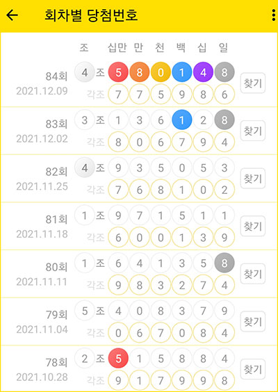 연금복권 720+ 회차별 당첨번호 리스트