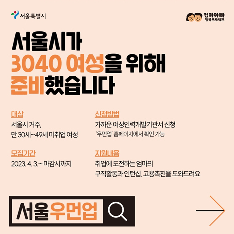 서울우먼업프로젝트 3040 여성취업 구직지원금 신청방법