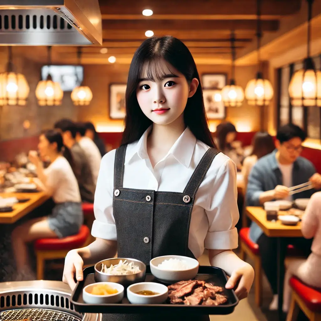 고깃집에서 열심히 일하는 아르바이트생. 주휴수당 지급 대상 근로자