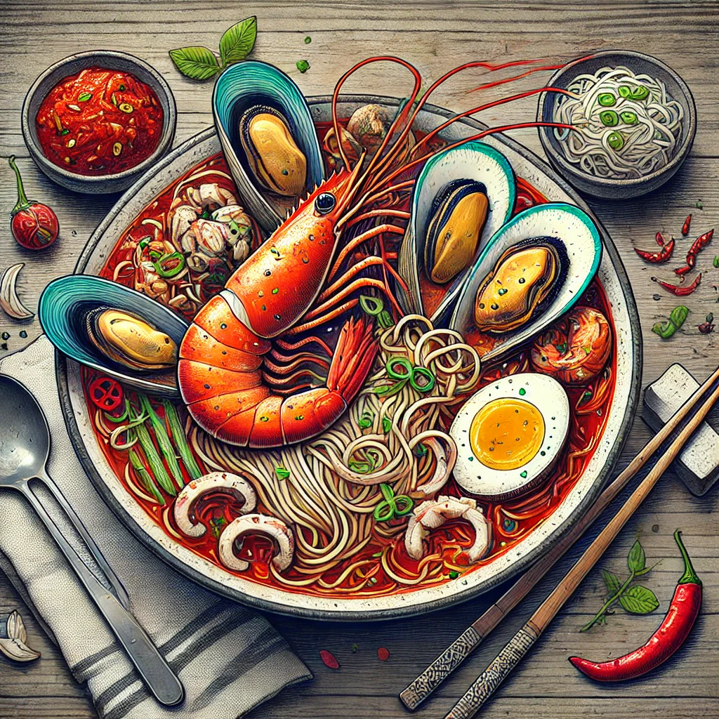 한국식 해물 라면: 매콤한 빨간 국물에 새우, 홍합, 오징어가 풍성하게 들어간 라면, 대파와 고추로 장식된 점심 메뉴