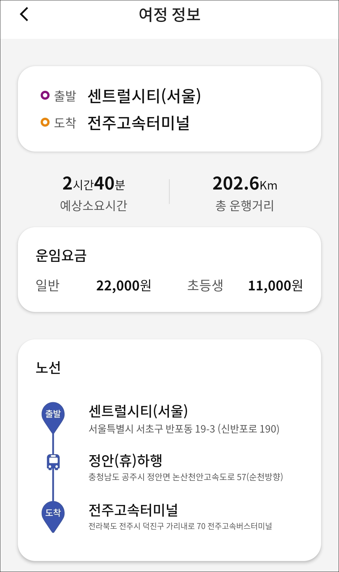 서울 전주 버스 요금 소요시간