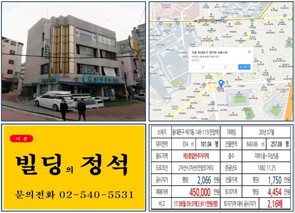  [동대문구 안암5거리 메디컬빌딩 40억 꼬마빌딩 실거래가 조회] 제기동 148-115 (안암역) 45억 원, 평당 4,454만 원 매매되었습니다
