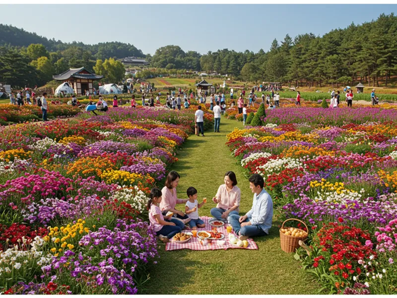 2025년 봄, 경기도 용인 농촌테마파크의 아름다운 꽃밭에서 아이들이 신나게 뛰어놀고 가족이 원두막 아래서 피크닉을 즐기고 있다.