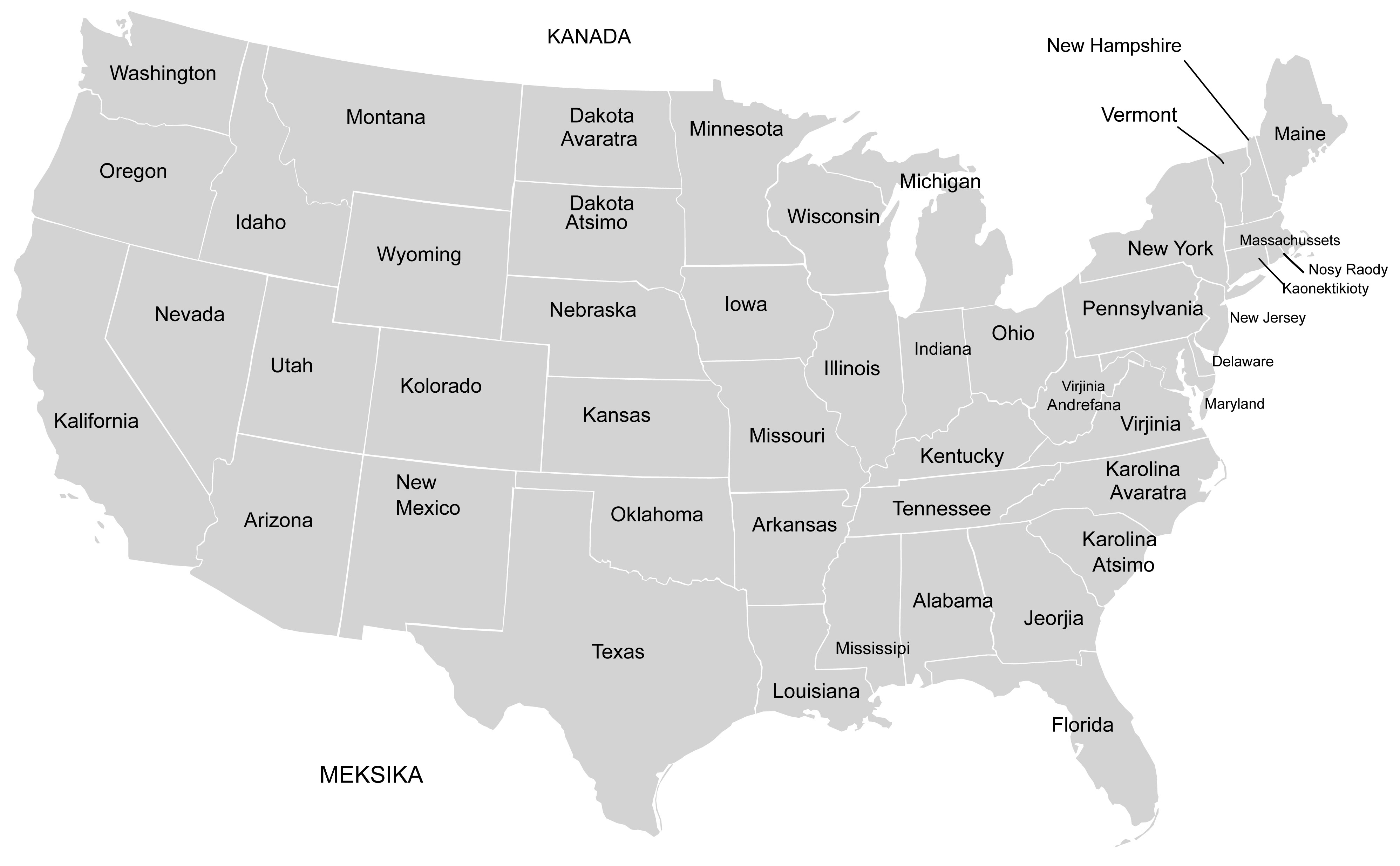 밝은 회색영역으로 미국의 주가 구분된 지도입니다