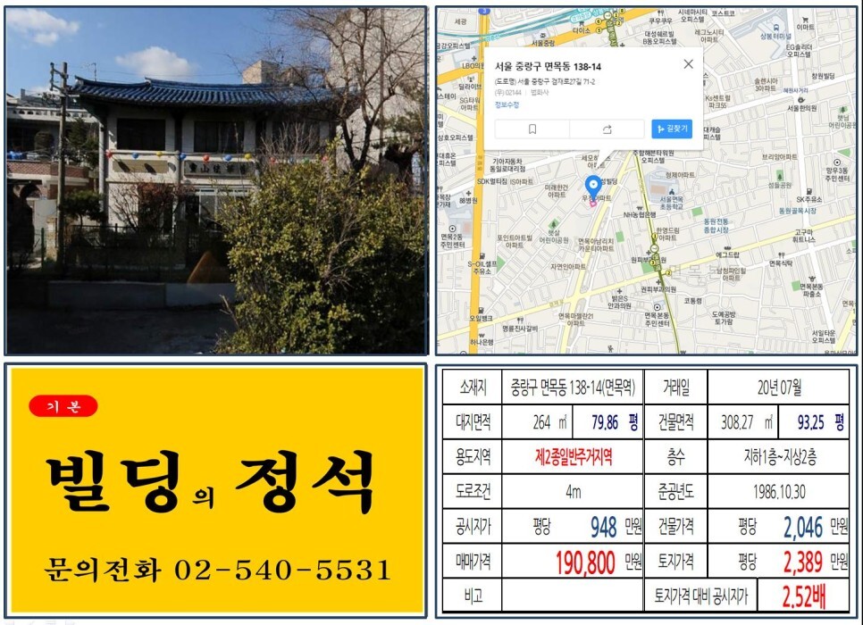  [중랑구 10억 꼬마빌딩 실거래가 조회] 면목동 138-14 (면목역) 19억 800만 원, 평당 2,389만 원 매매되었습니다. 동부간선도로지
