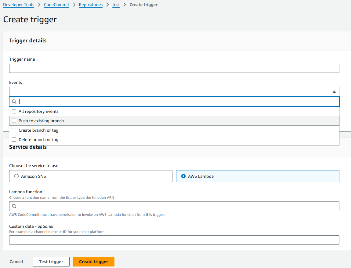  aws codecommit lambda unit test eventbridge codebuild